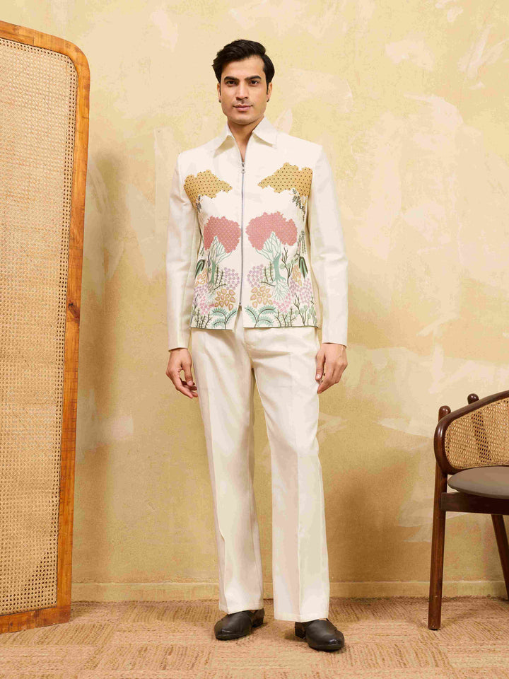Premium White Velvet Embroidered Bomber Jacket with Pant for Mens Wear