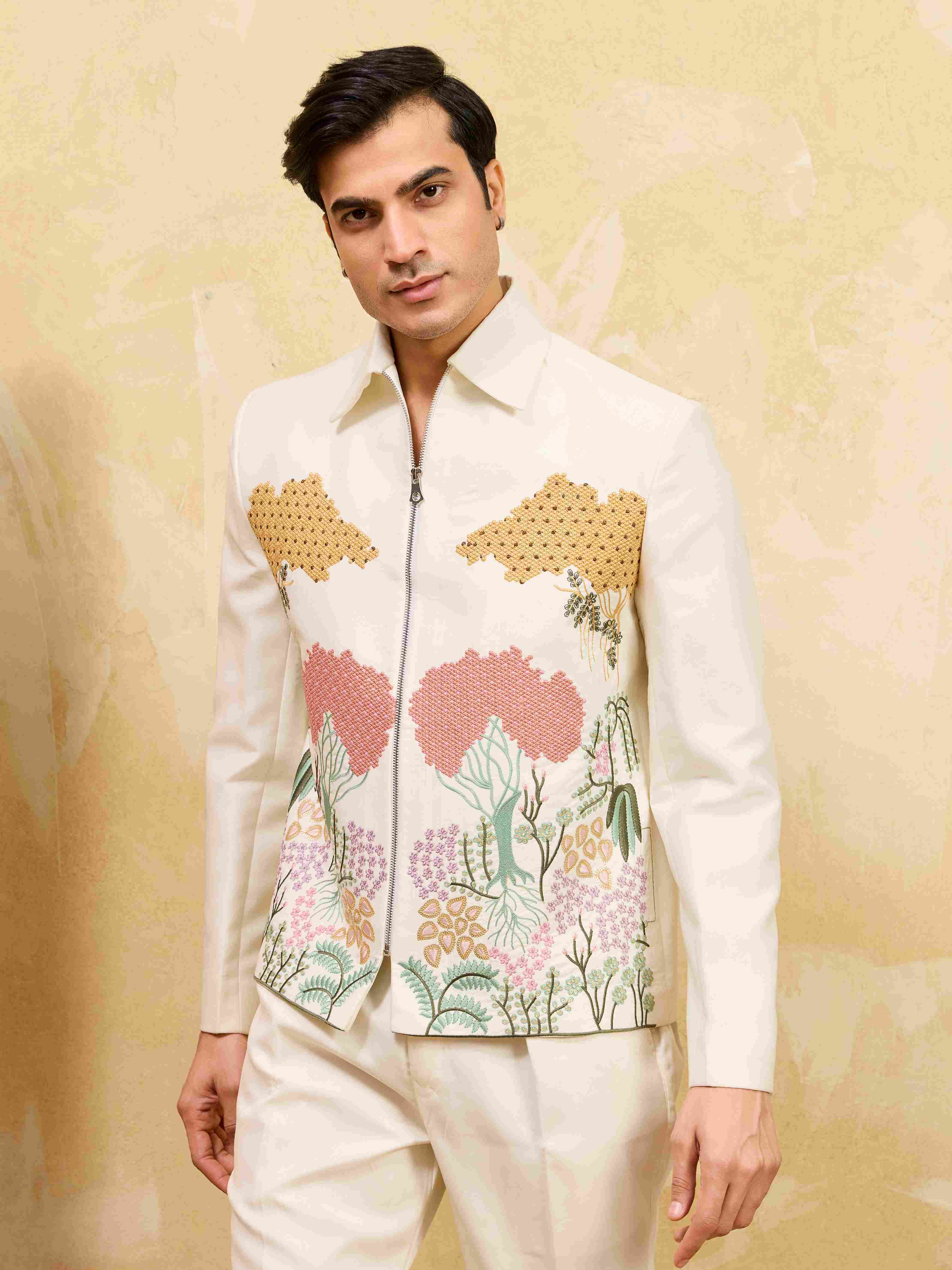 Premium White Velvet Embroidered Bomber Jacket with Pant for Mens Wear