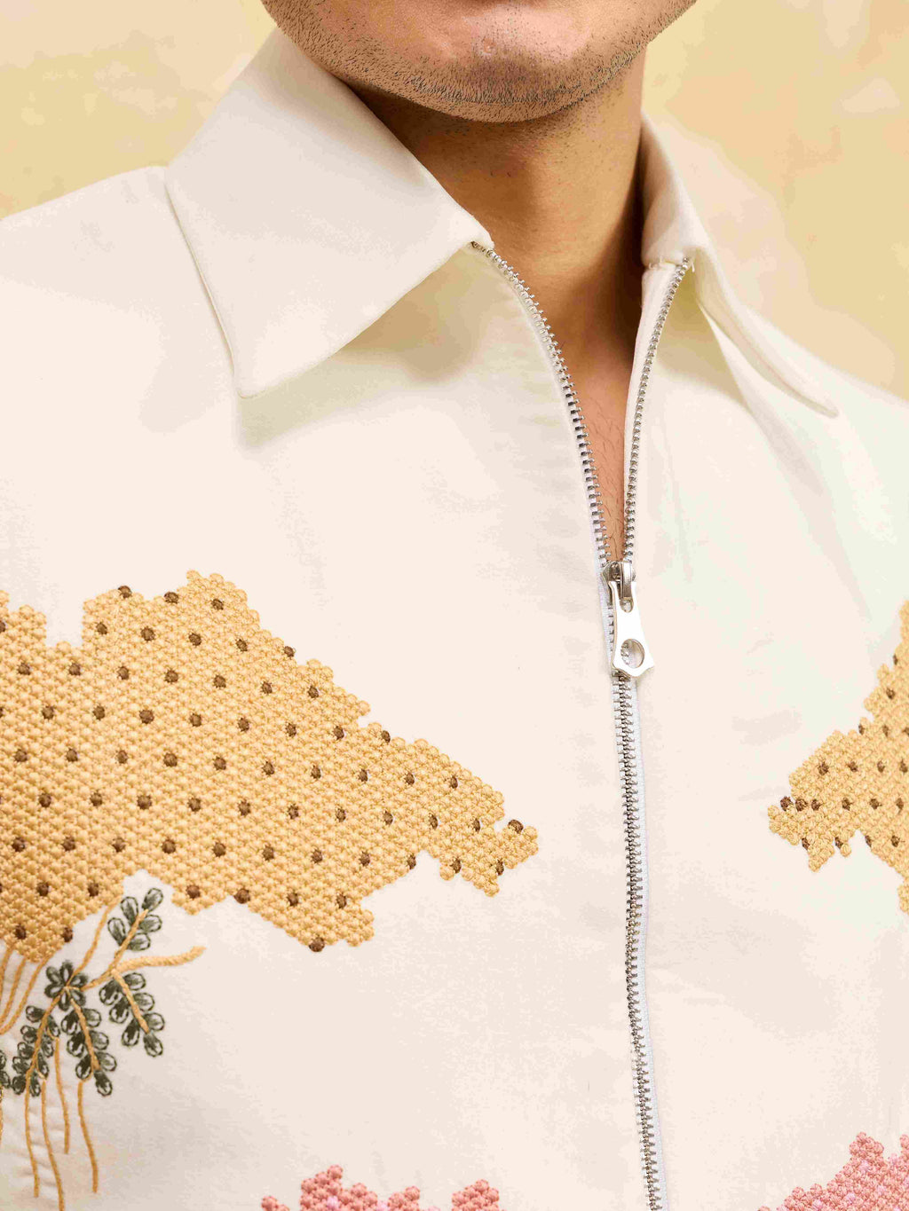 Premium White Velvet Embroidered Bomber Jacket with Pant for Mens Wear