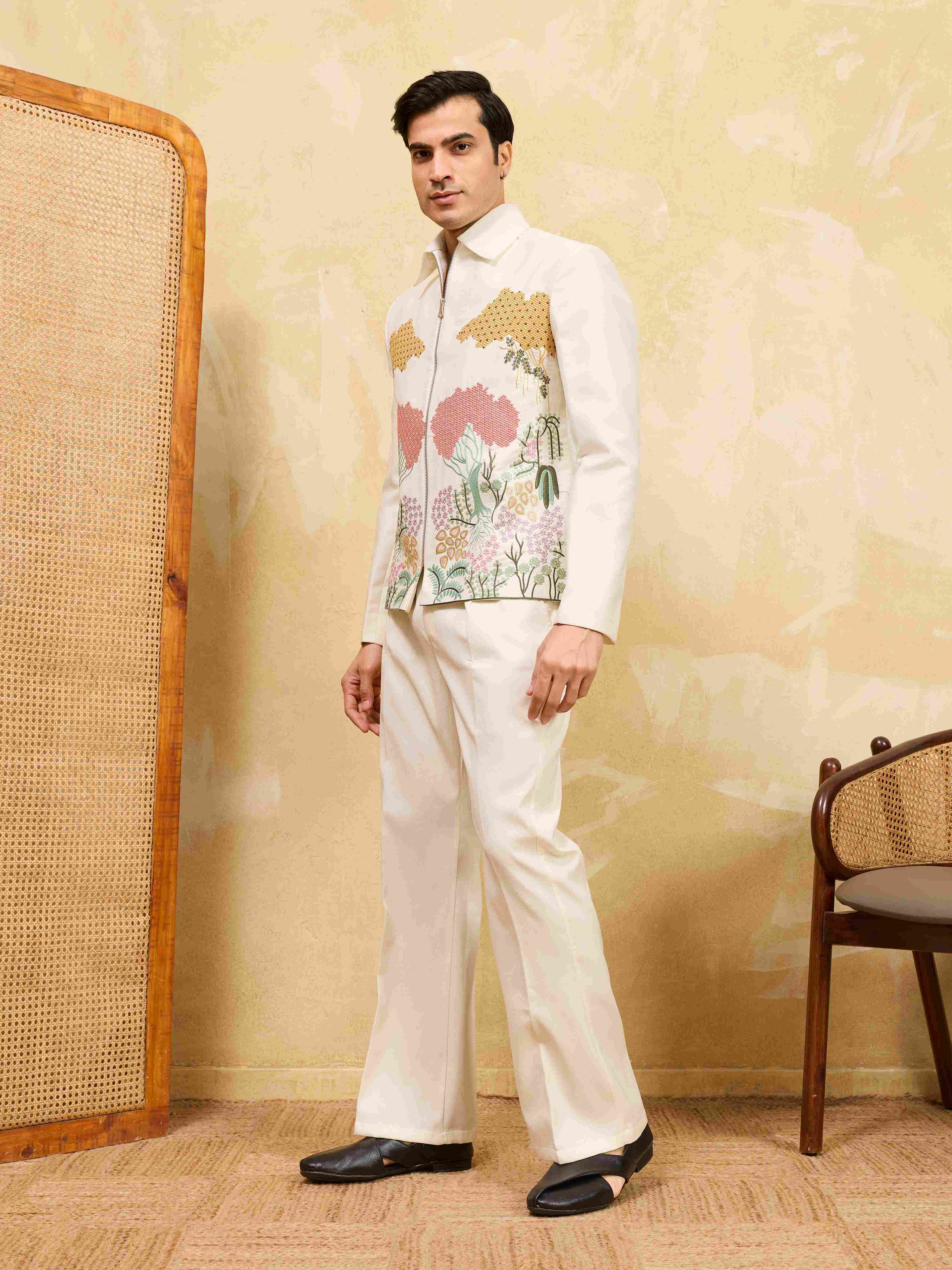 Premium White Velvet Embroidered Bomber Jacket with Pant for Mens Wear