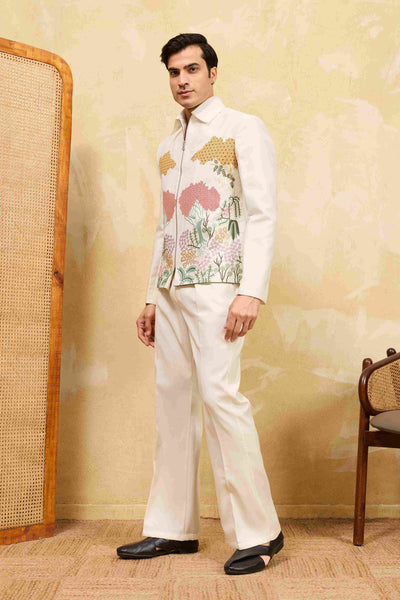 Premium White Velvet Embroidered Bomber Jacket with Pant for Mens Wear