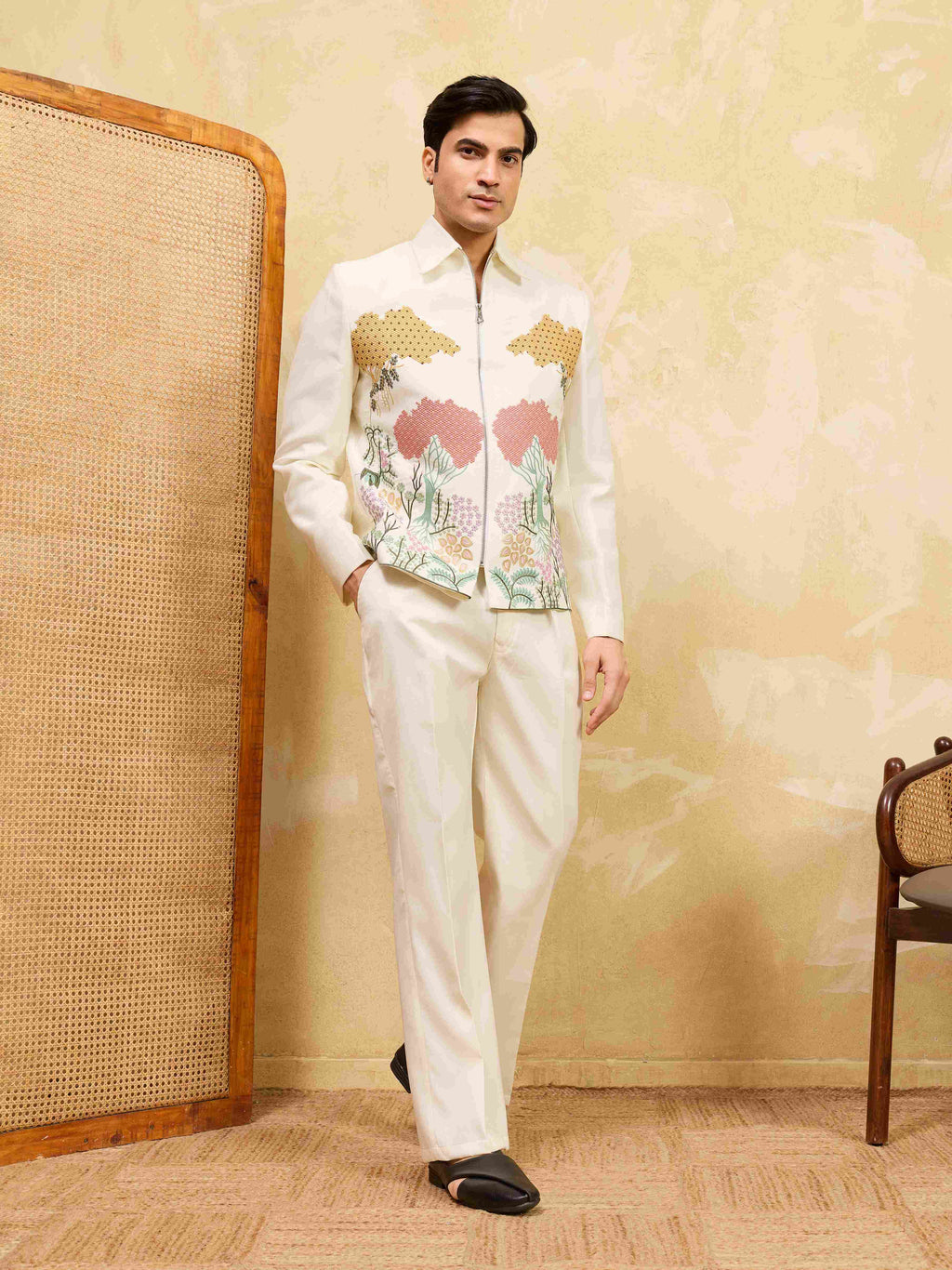 Premium White Velvet Embroidered Bomber Jacket with Pant for Mens Wear