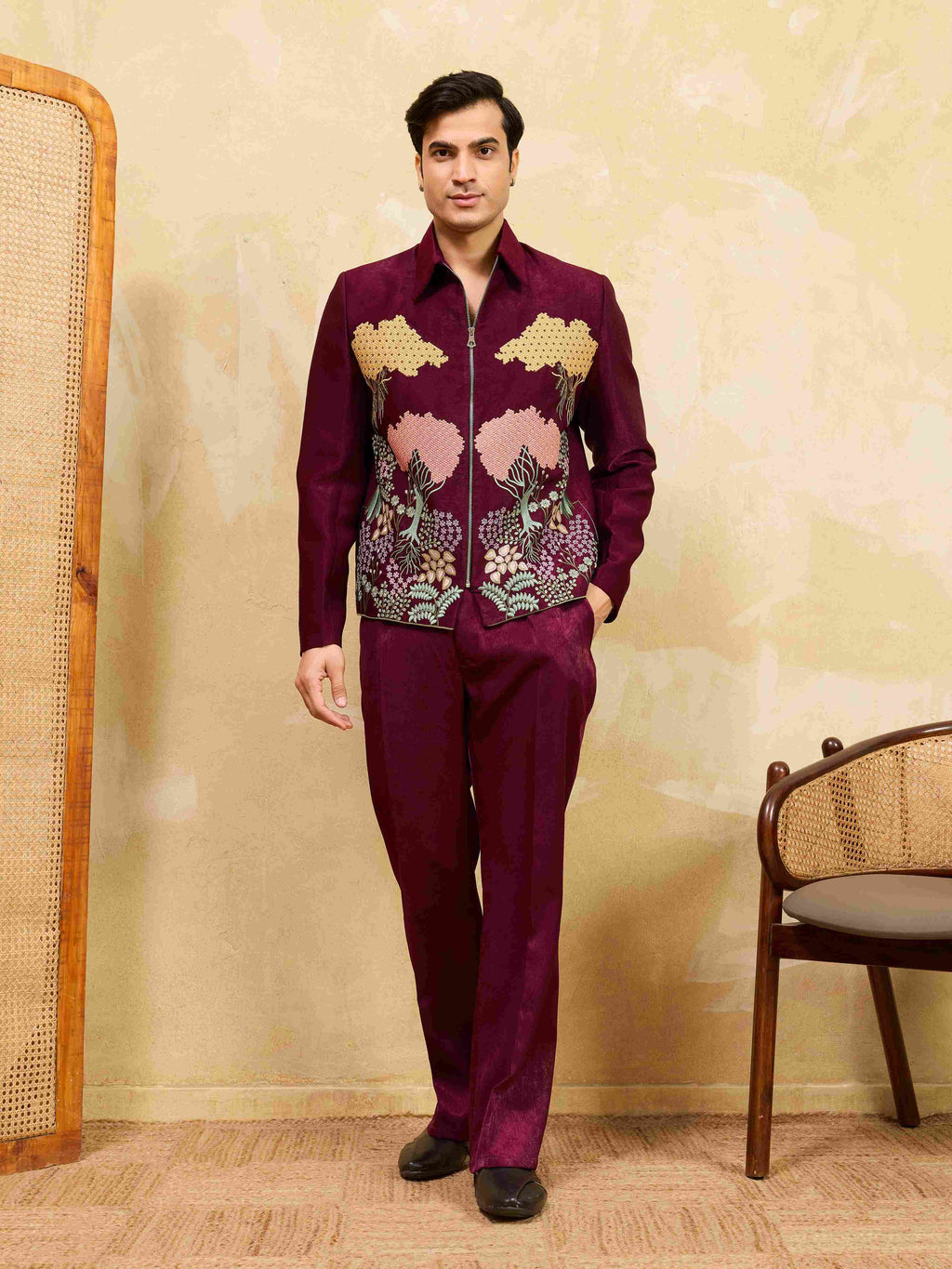 Wedding Special Maroon Velvet Bomber Jacket Set for Mens Wear