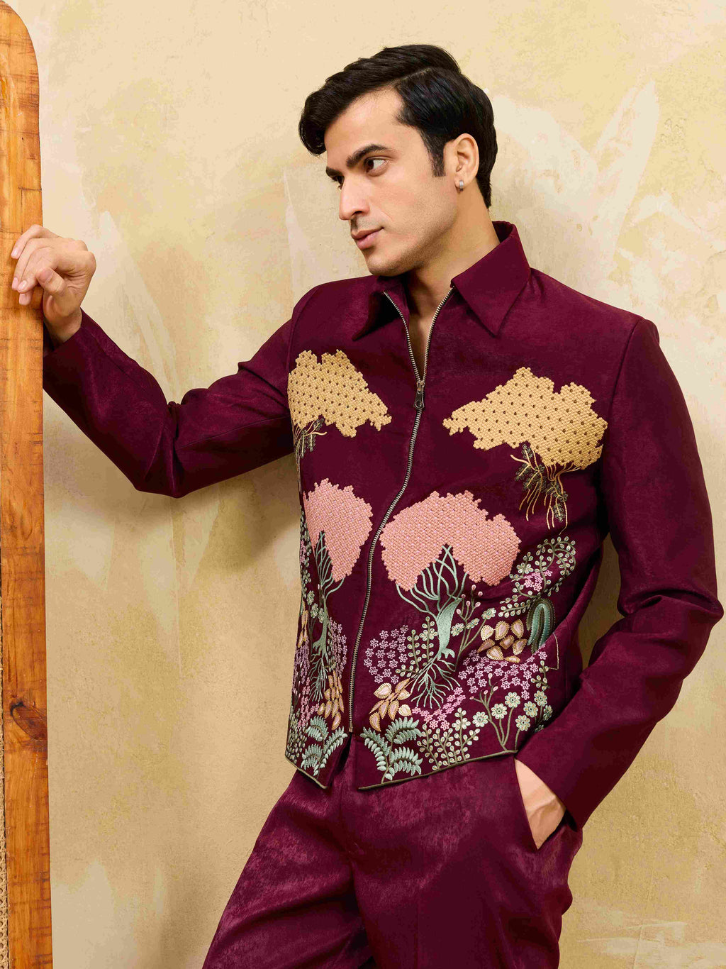Wedding Special Maroon Velvet Bomber Jacket Set for Mens Wear