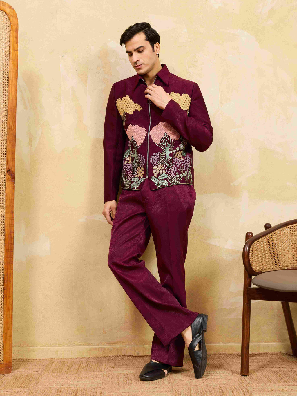 Wedding Special Maroon Velvet Bomber Jacket Set for Mens Wear