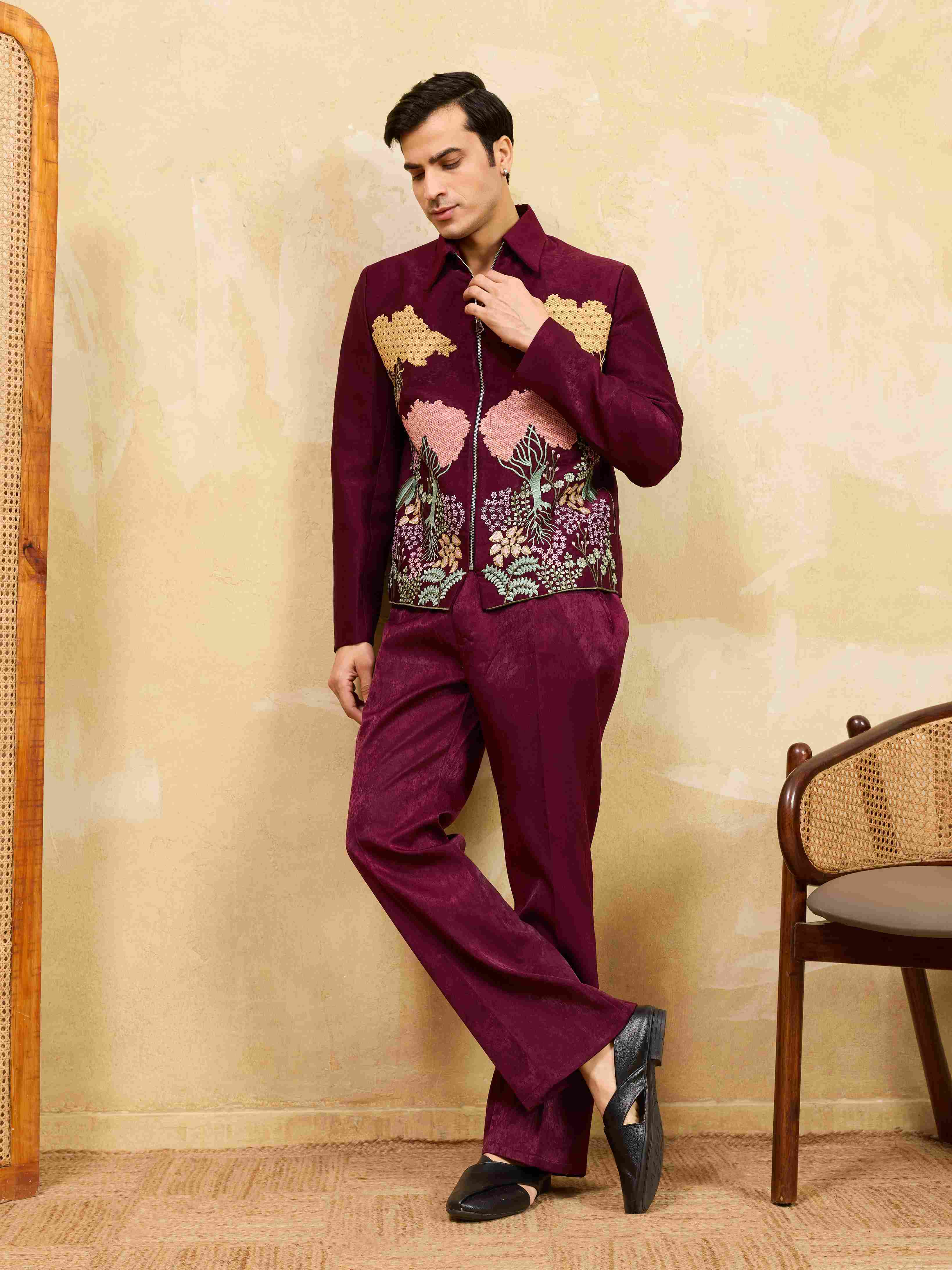 Wedding Special Maroon Velvet Bomber Jacket Set for Mens Wear