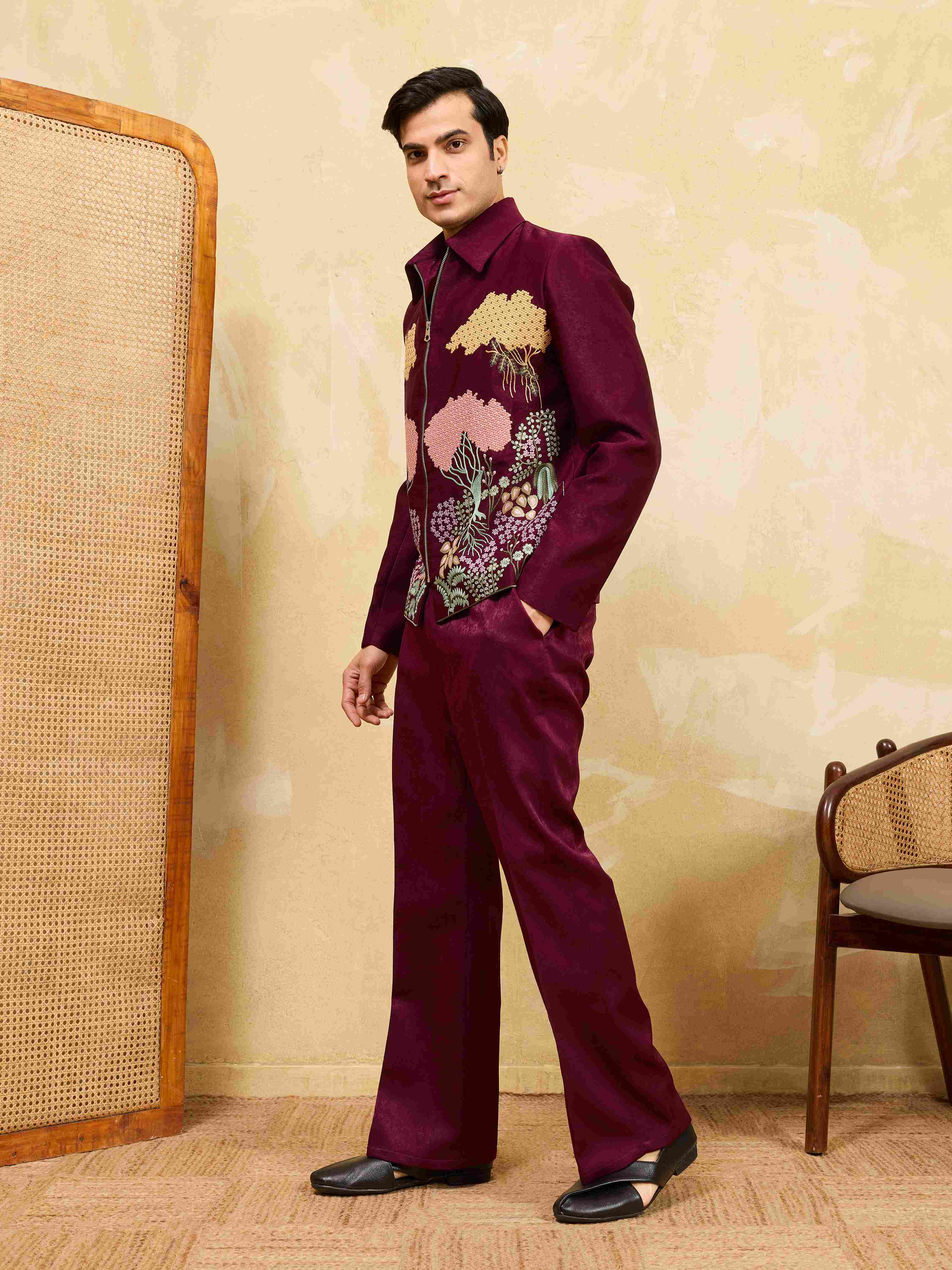 Wedding Special Maroon Velvet Bomber Jacket Set for Mens Wear