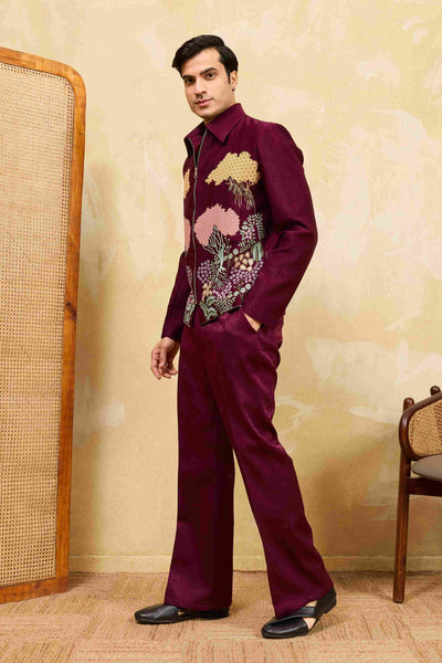 Wedding Special Maroon Velvet Bomber Jacket Set for Mens Wear