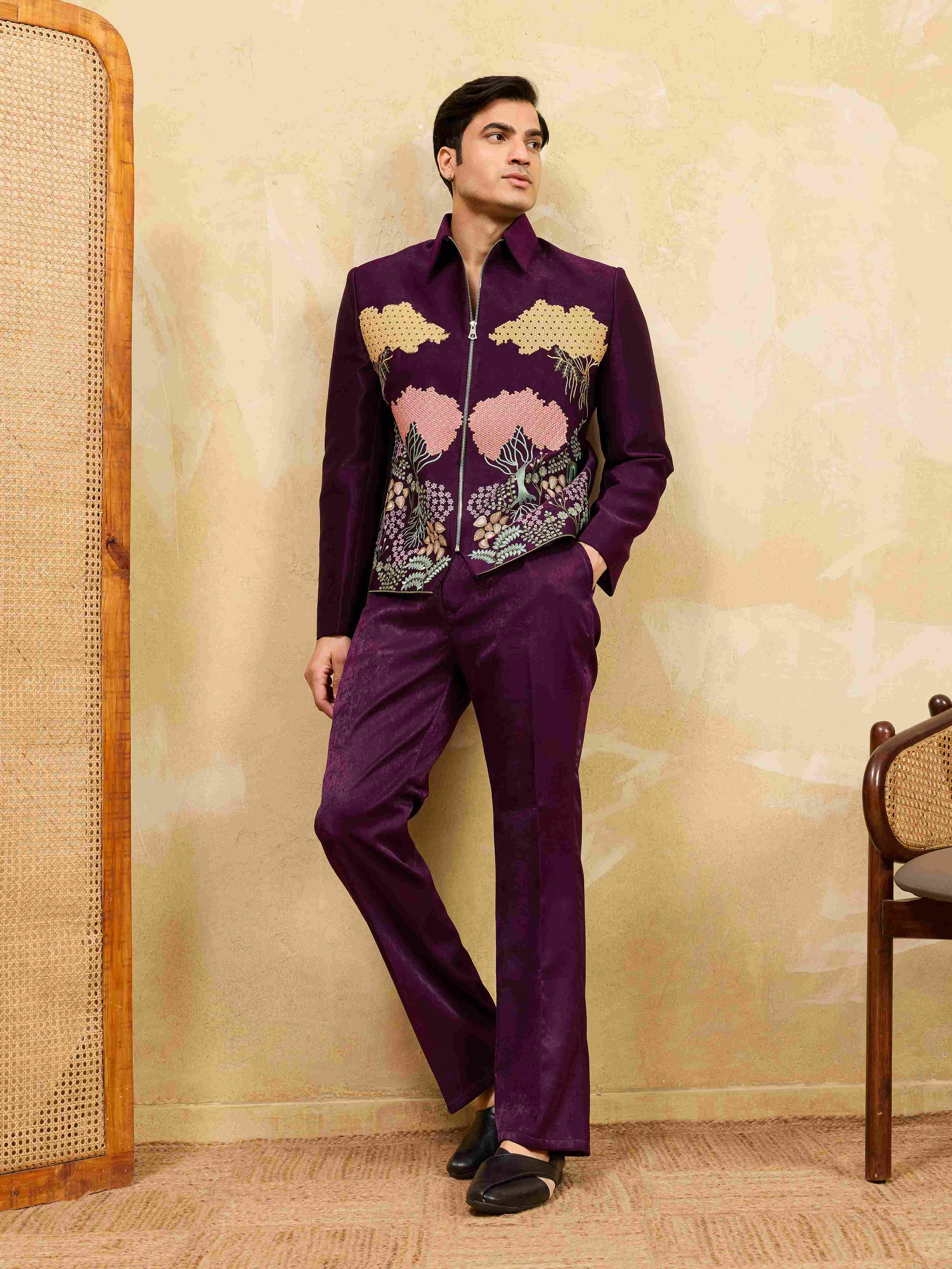Stylish Wine Embroidery Bomber Jacket with Matching Pants for Mens Wear