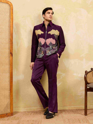 Stylish Wine Embroidery Bomber Jacket with Matching Pants for Mens Wear