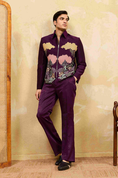 Stylish Wine Embroidery Bomber Jacket with Matching Pants for Mens Wear