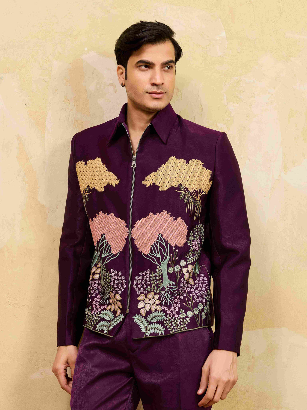 Stylish Wine Embroidery Bomber Jacket with Matching Pants for Mens Wear