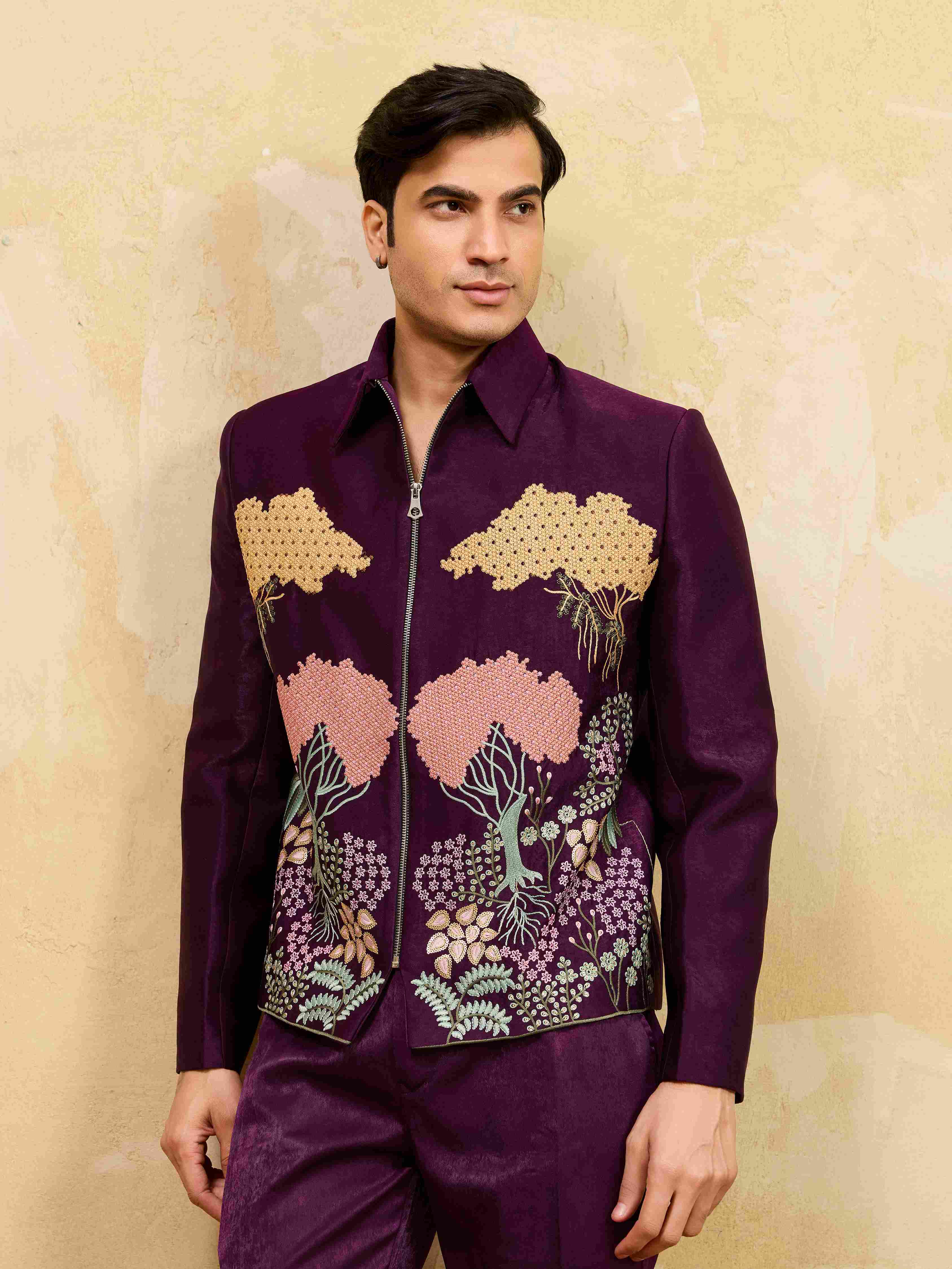 Stylish Wine Embroidery Bomber Jacket with Matching Pants for Mens Wear