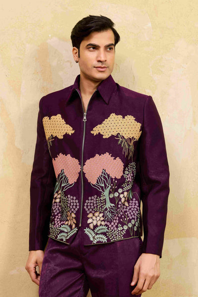 Stylish Wine Embroidery Bomber Jacket with Matching Pants for Mens Wear