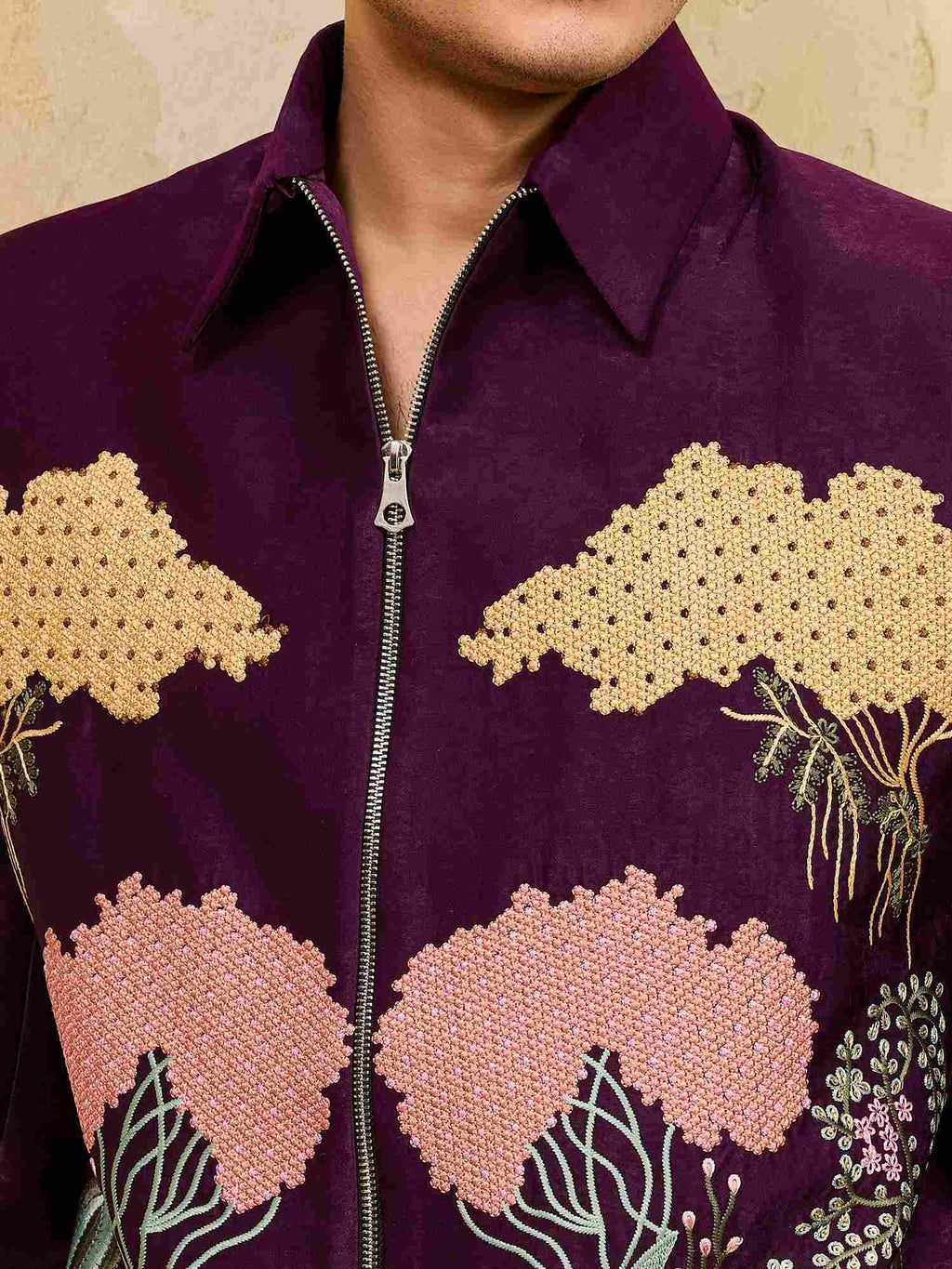 Stylish Wine Embroidery Bomber Jacket with Matching Pants for Mens Wear