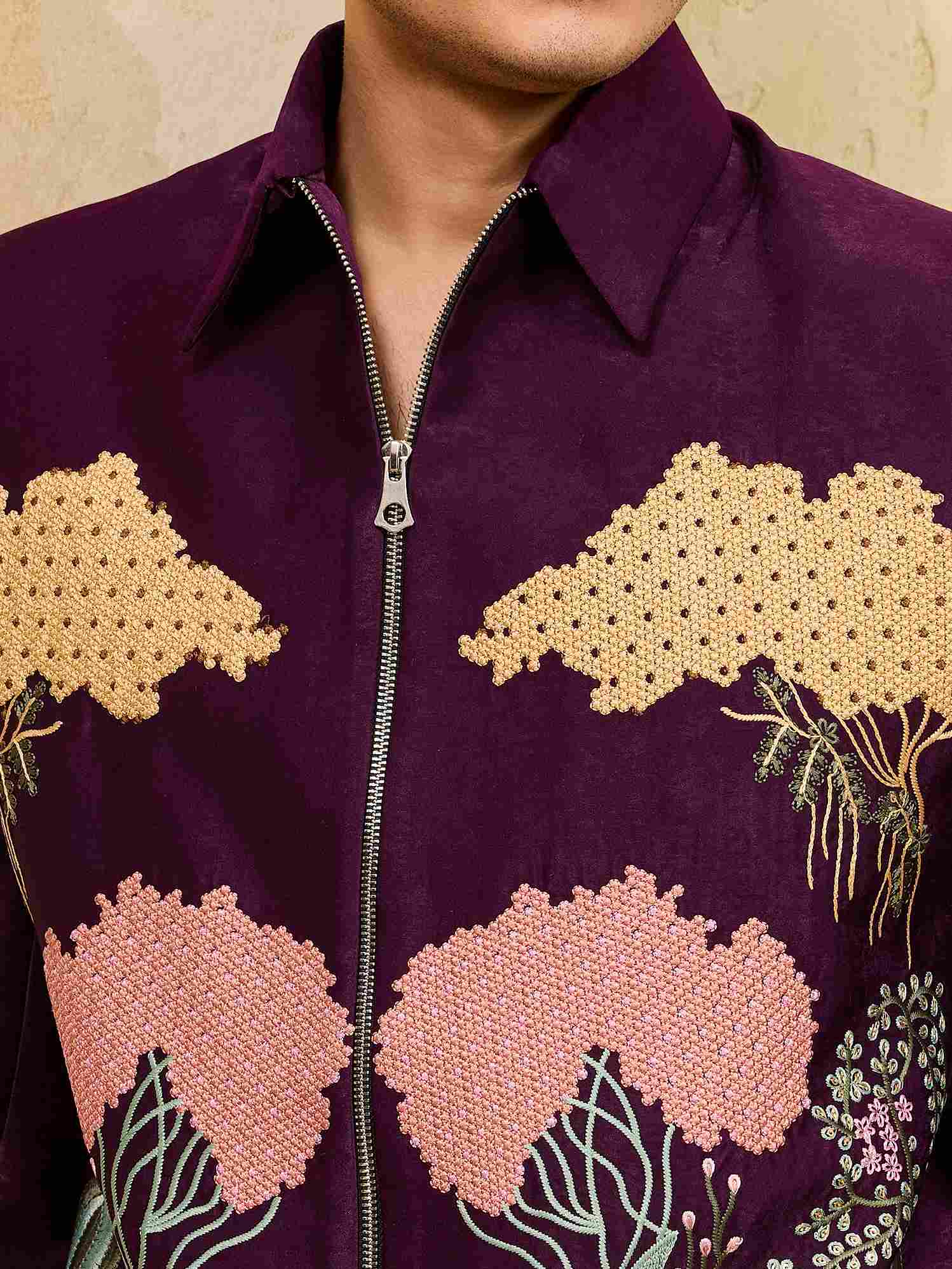 Stylish Wine Embroidery Bomber Jacket with Matching Pants for Mens Wear
