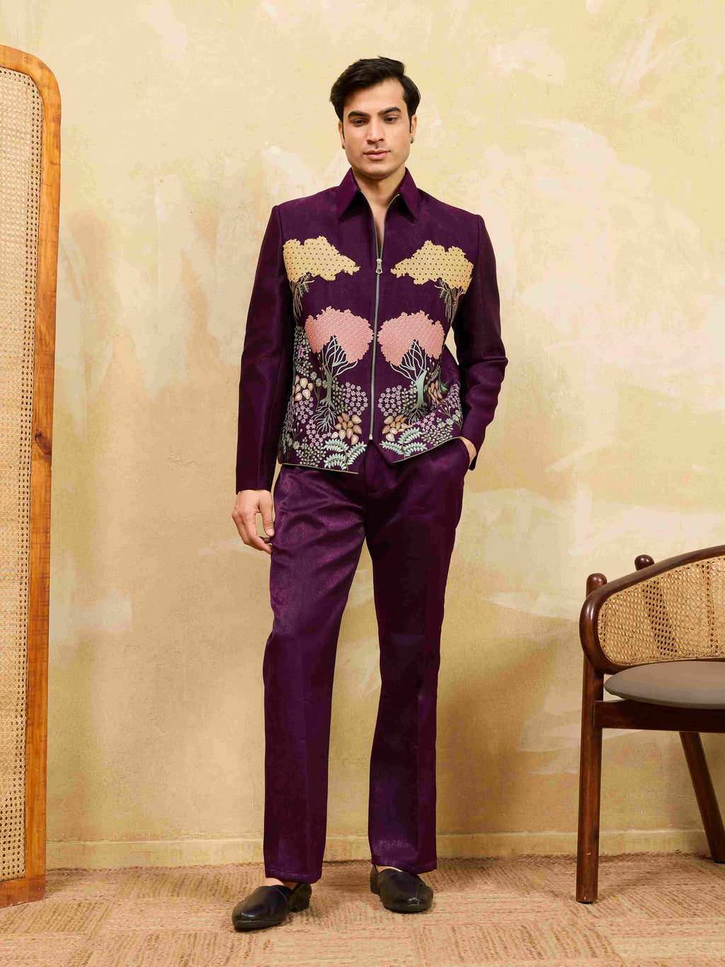 Stylish Wine Embroidery Bomber Jacket with Matching Pants for Mens Wear