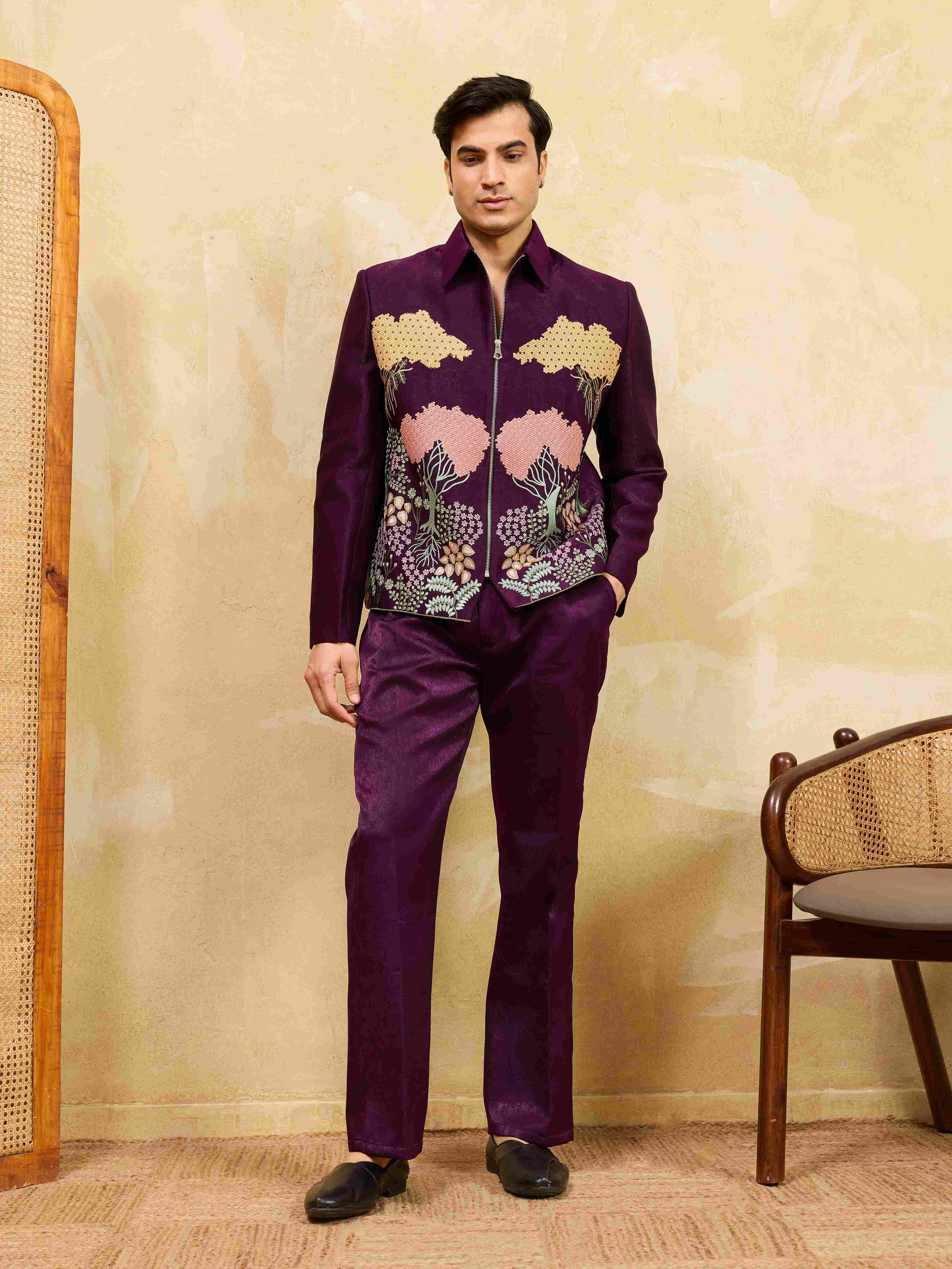 Stylish Wine Embroidery Bomber Jacket with Matching Pants for Mens Wear