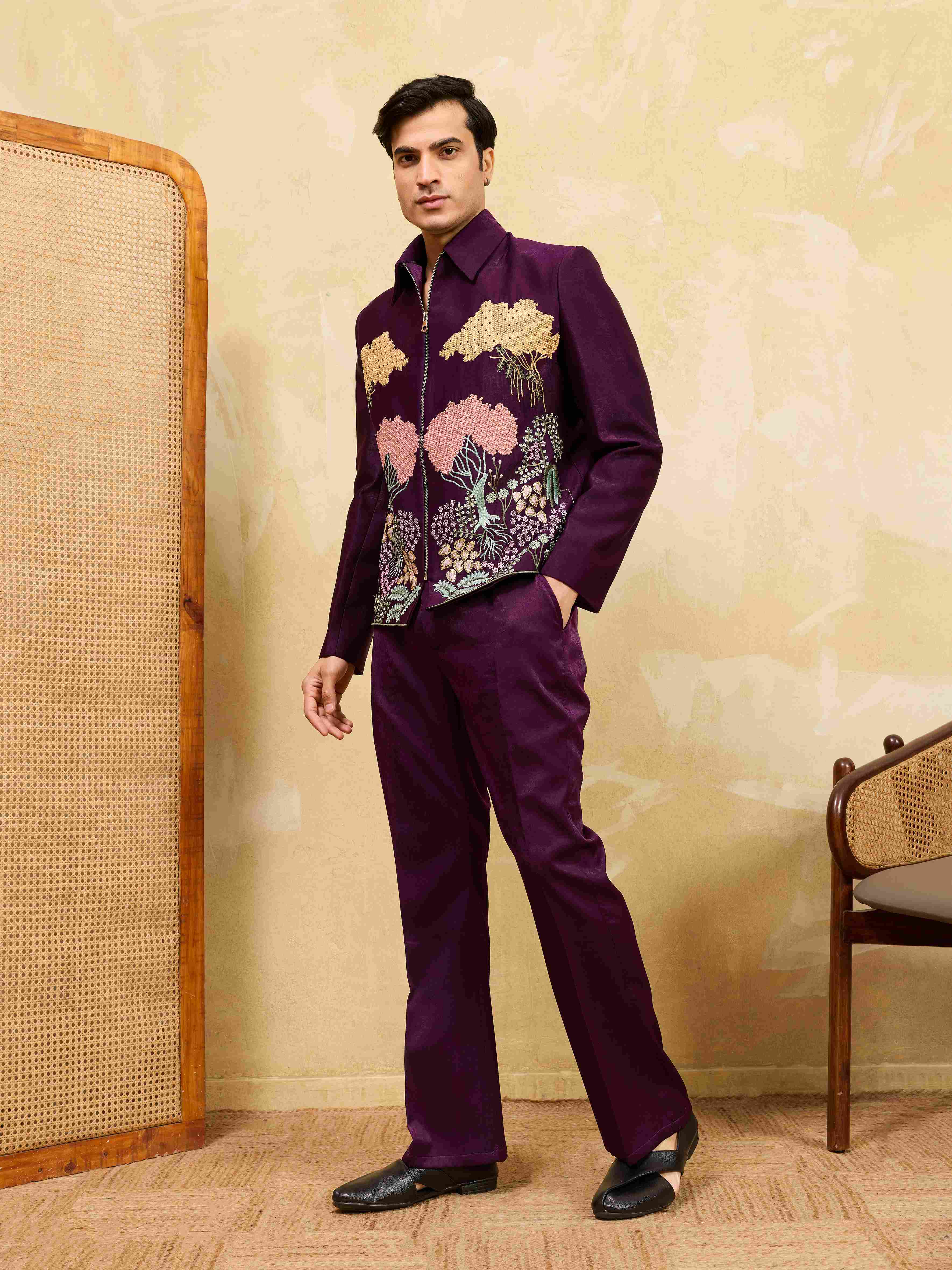 Stylish Wine Embroidery Bomber Jacket with Matching Pants for Mens Wear