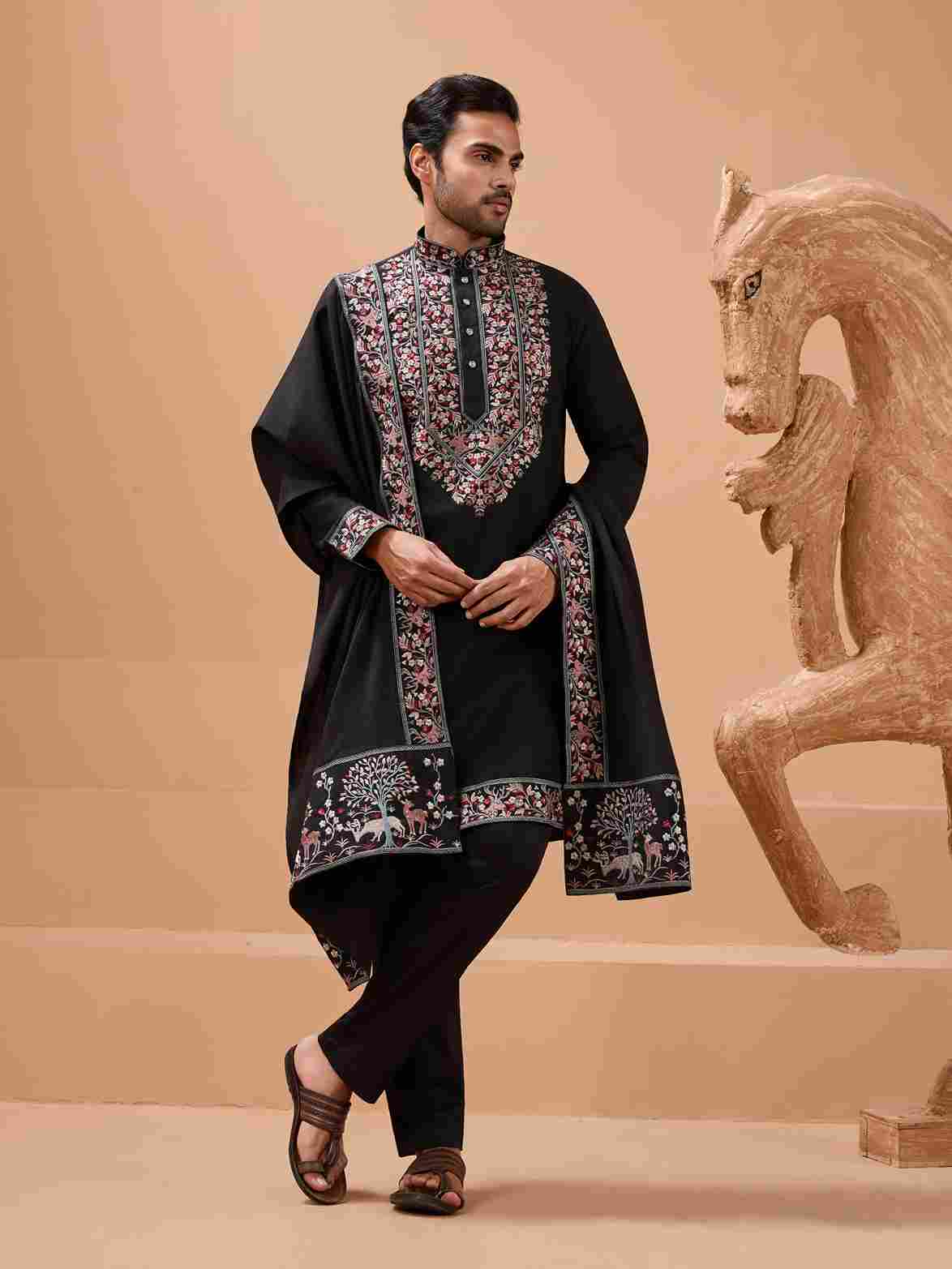 Luxury Wedding Look Black Kurta with Dupatta for Mens Wear