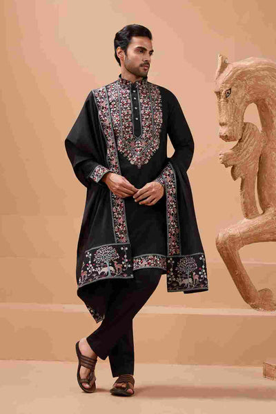 Luxury Wedding Look Black Kurta with Dupatta for Mens Wear