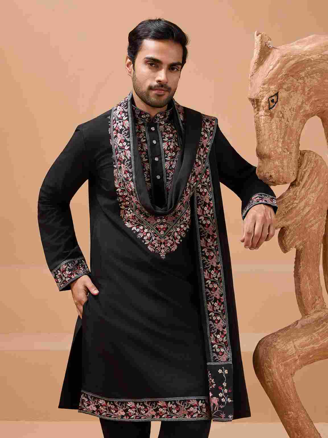 Luxury Wedding Look Black Kurta with Dupatta for Mens Wear