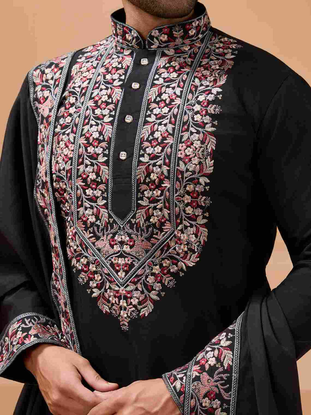 Luxury Wedding Look Black Kurta with Dupatta for Mens Wear
