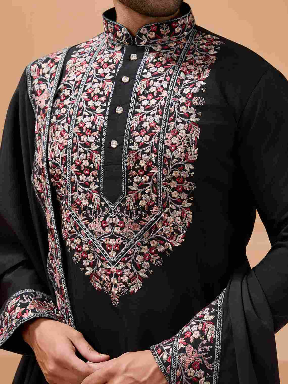 Luxury Wedding Look Black Kurta with Dupatta for Mens Wear