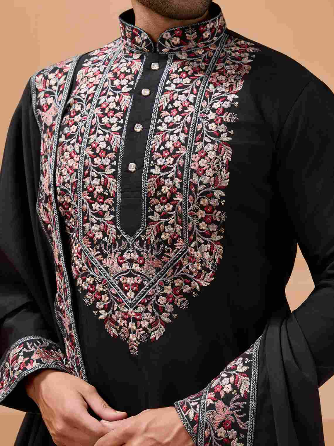 Luxury Wedding Look Black Kurta with Dupatta for Mens Wear
