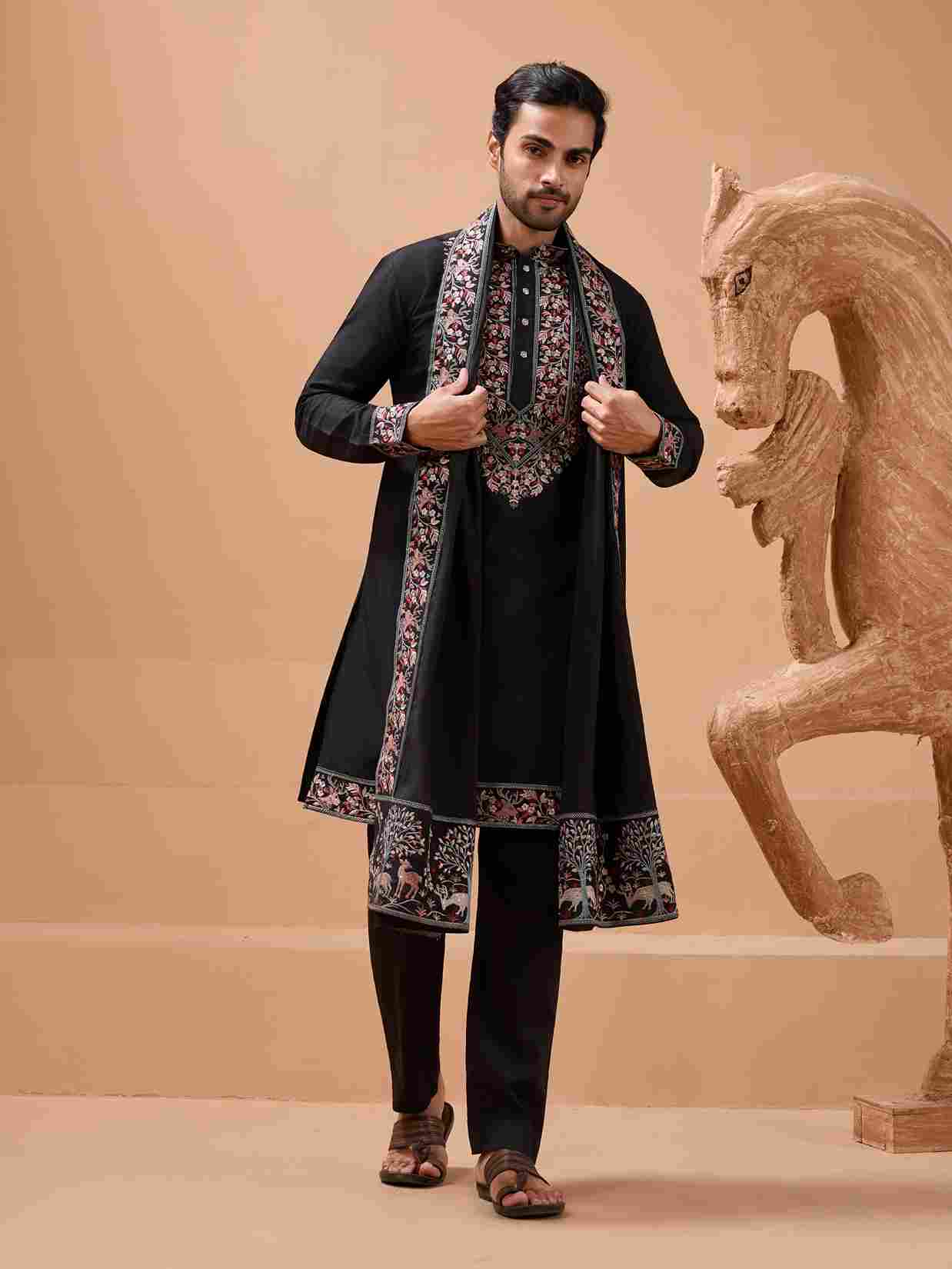 Luxury Wedding Look Black Kurta with Dupatta for Mens Wear