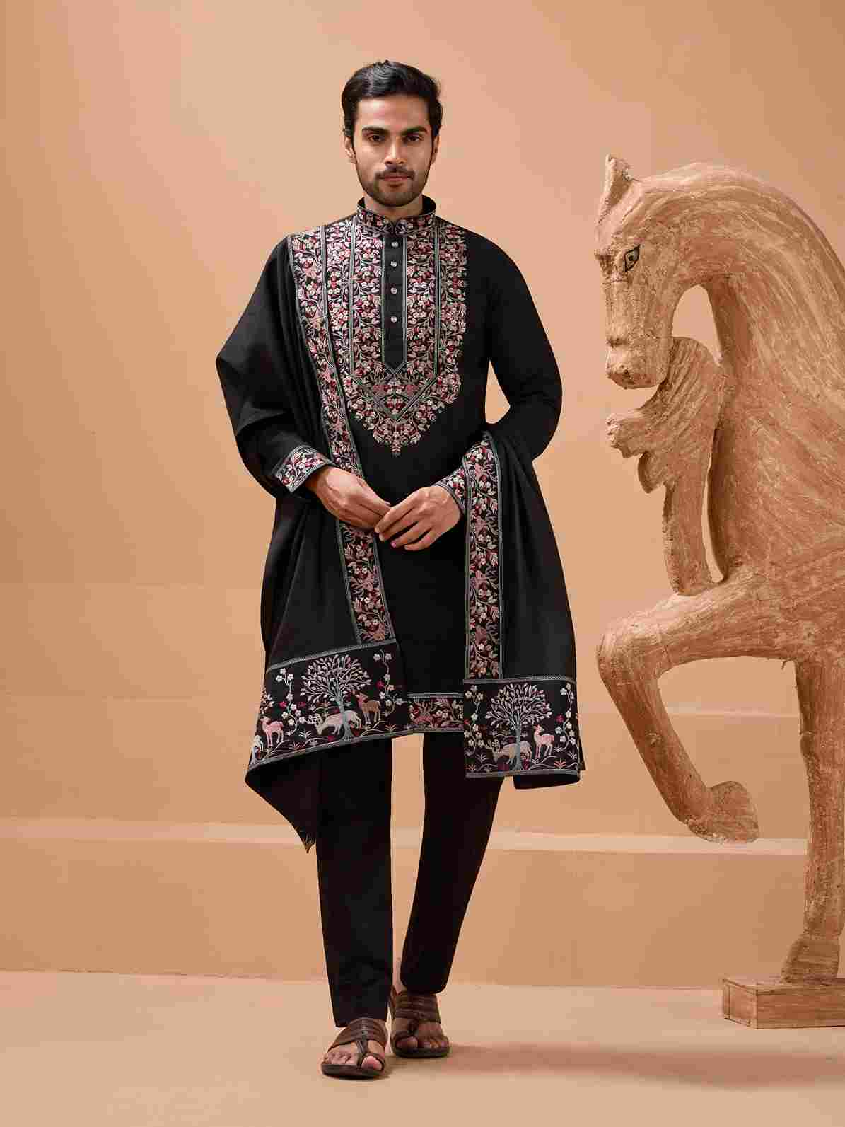 Luxury Wedding Look Black Kurta with Dupatta for Mens Wear