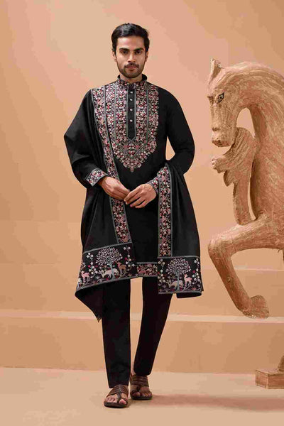 Luxury Wedding Look Black Kurta with Dupatta for Mens Wear