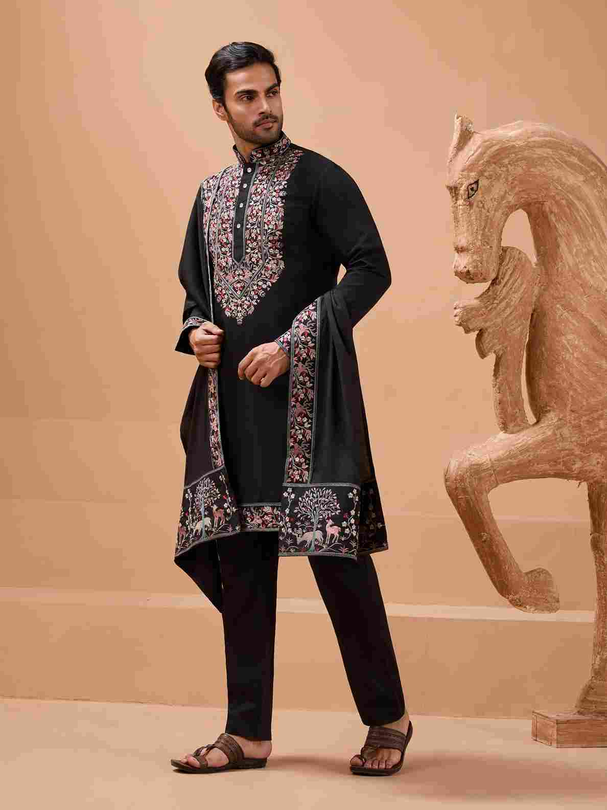 Luxury Wedding Look Black Kurta with Dupatta for Mens Wear