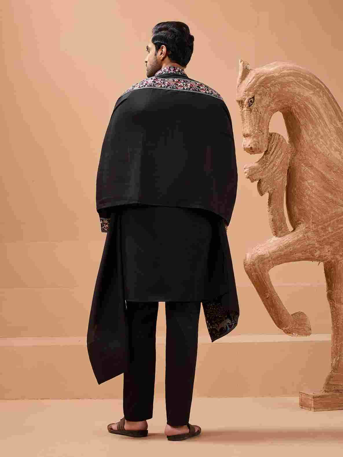 Luxury Wedding Look Black Kurta with Dupatta for Mens Wear