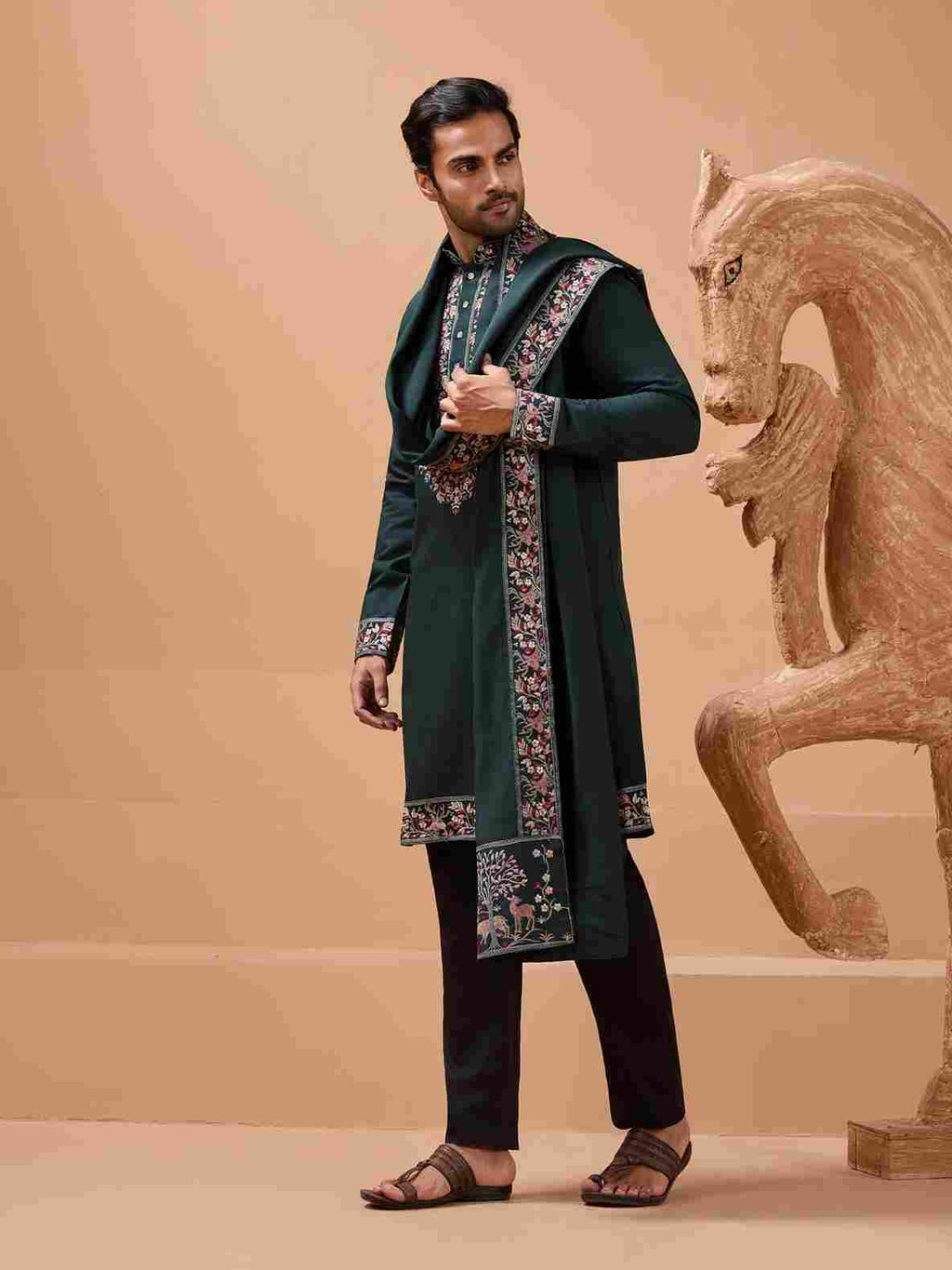 Perfect Green Festival Special Kurta with Dupatta for Mens