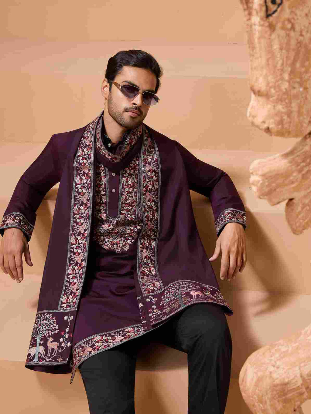 Ethnic Look Purple Kurta with Dupatta Mens Wear Special