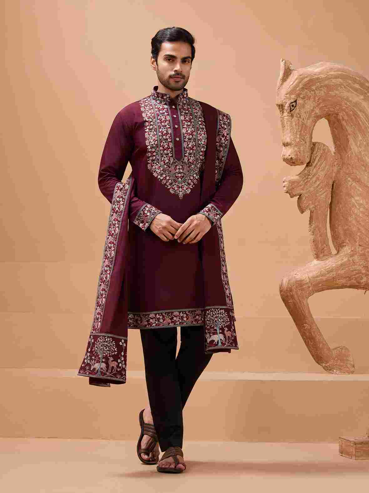 Latest Signature Maroon Kurta and Dupatta for Mens Wear