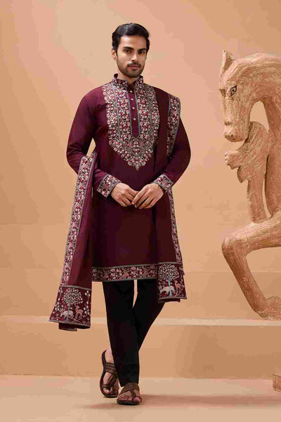 Latest Signature Maroon Kurta and Dupatta for Mens Wear