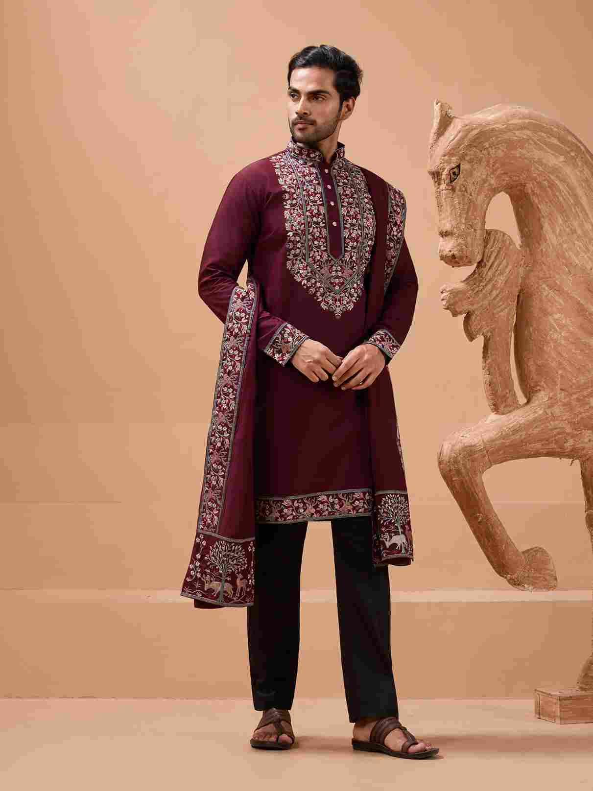 Latest Signature Maroon Kurta and Dupatta for Mens Wear