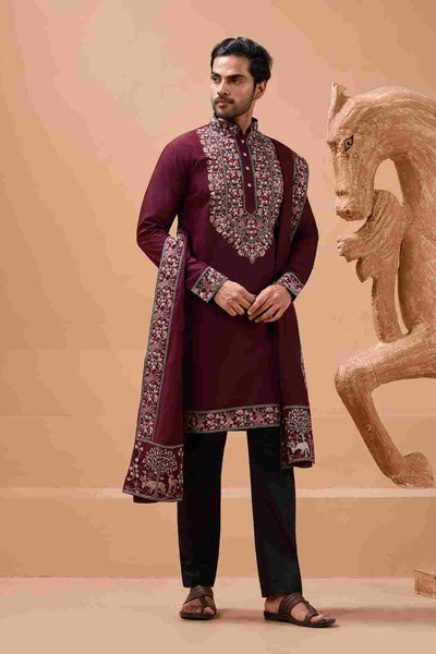 Latest Signature Maroon Kurta and Dupatta for Mens Wear