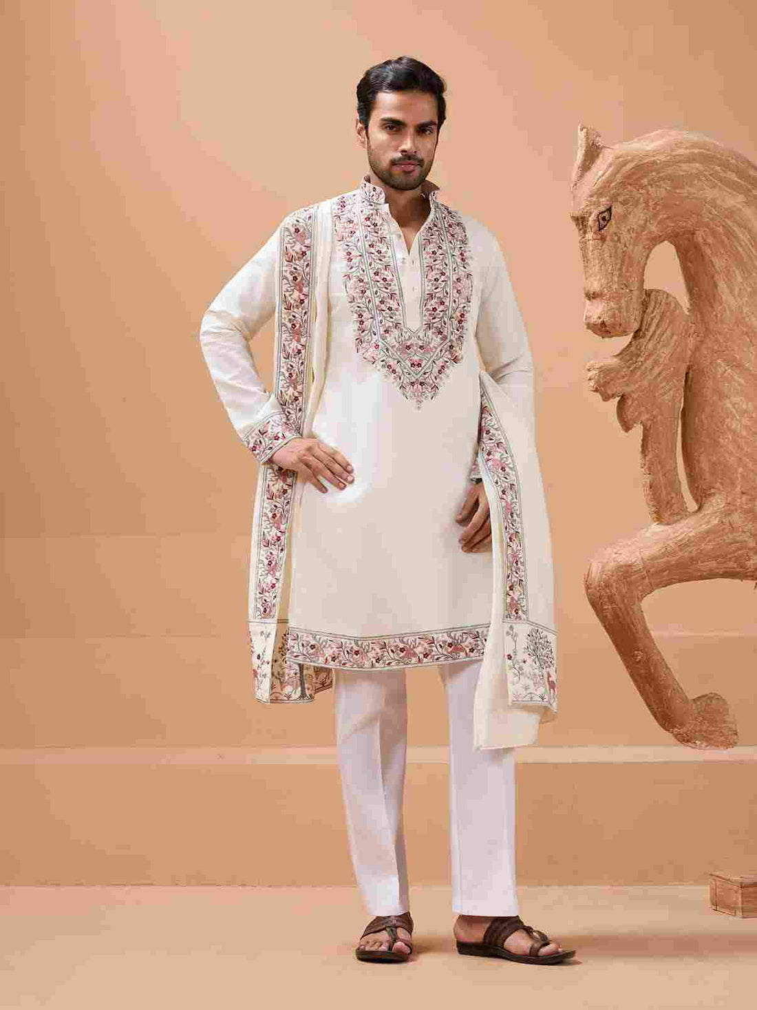 Vibrant Look White Kurta Dupatta Set for Mens Wear
