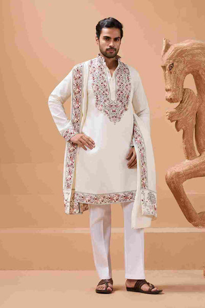 Vibrant Look White Kurta Dupatta Set for Mens Wear