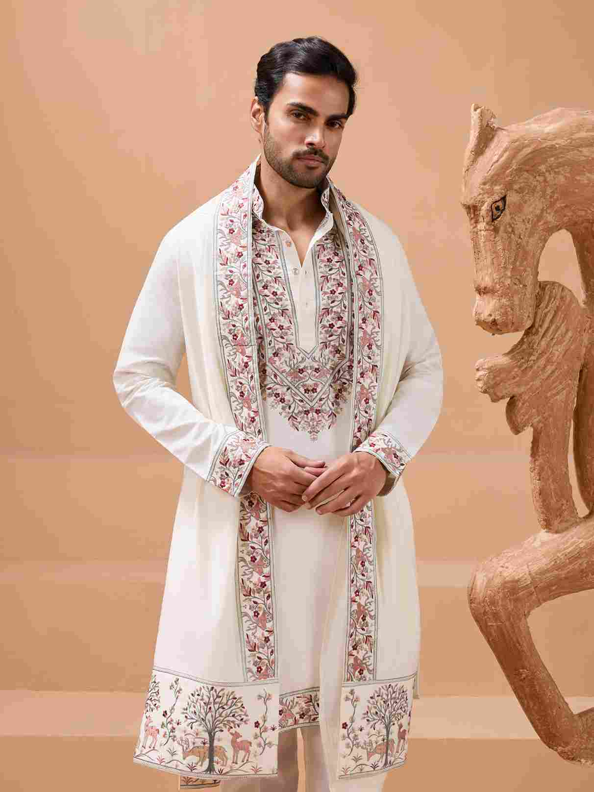Vibrant Look White Kurta Dupatta Set for Mens Wear