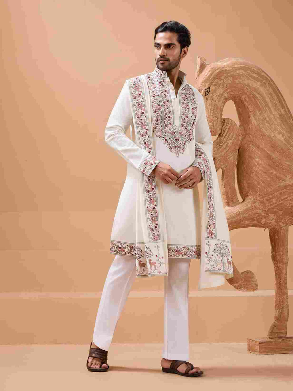 Vibrant Look White Kurta Dupatta Set for Mens Wear