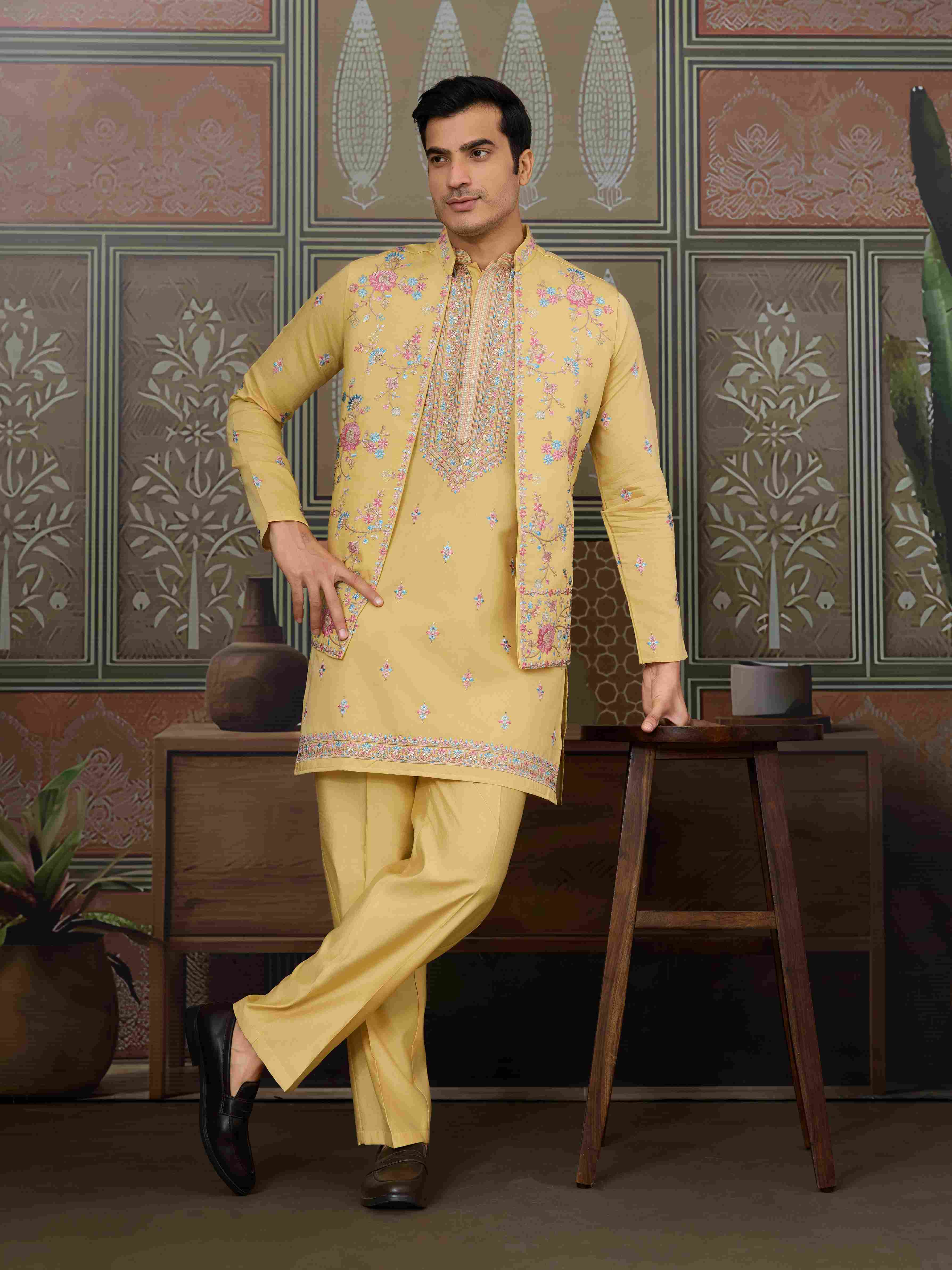 Trending Yellow Haldi Ceremony Koti Kurta for Men