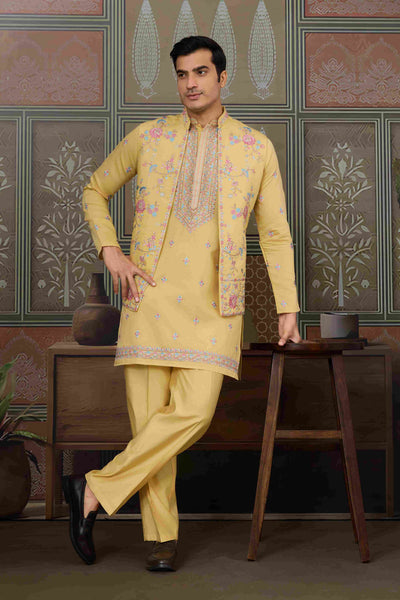 Trending Yellow Haldi Ceremony Koti Kurta for Men