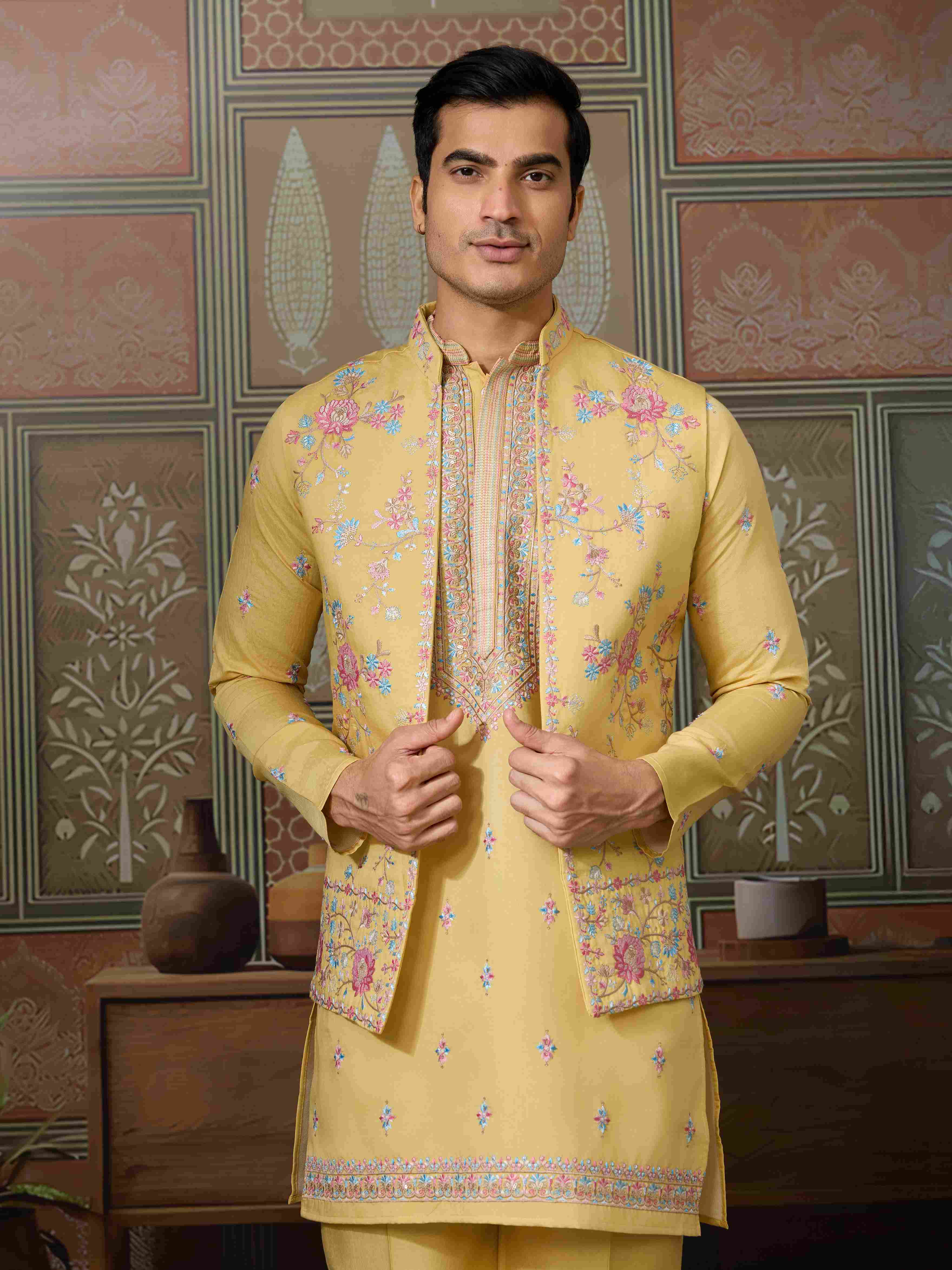 Trending Yellow Haldi Ceremony Koti Kurta for Men