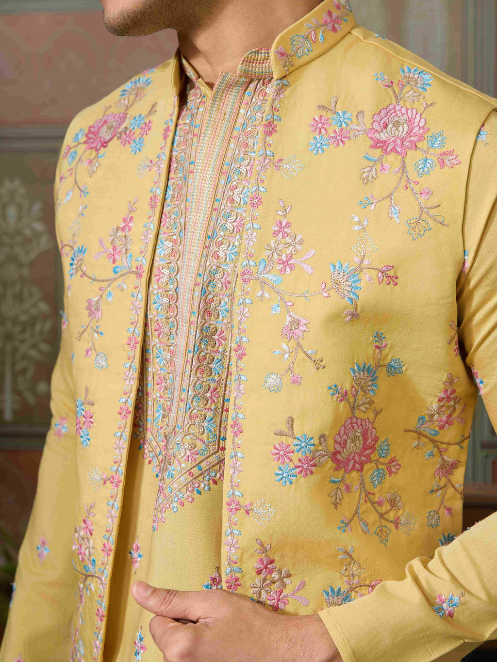 Trending Yellow Haldi Ceremony Koti Kurta for Men