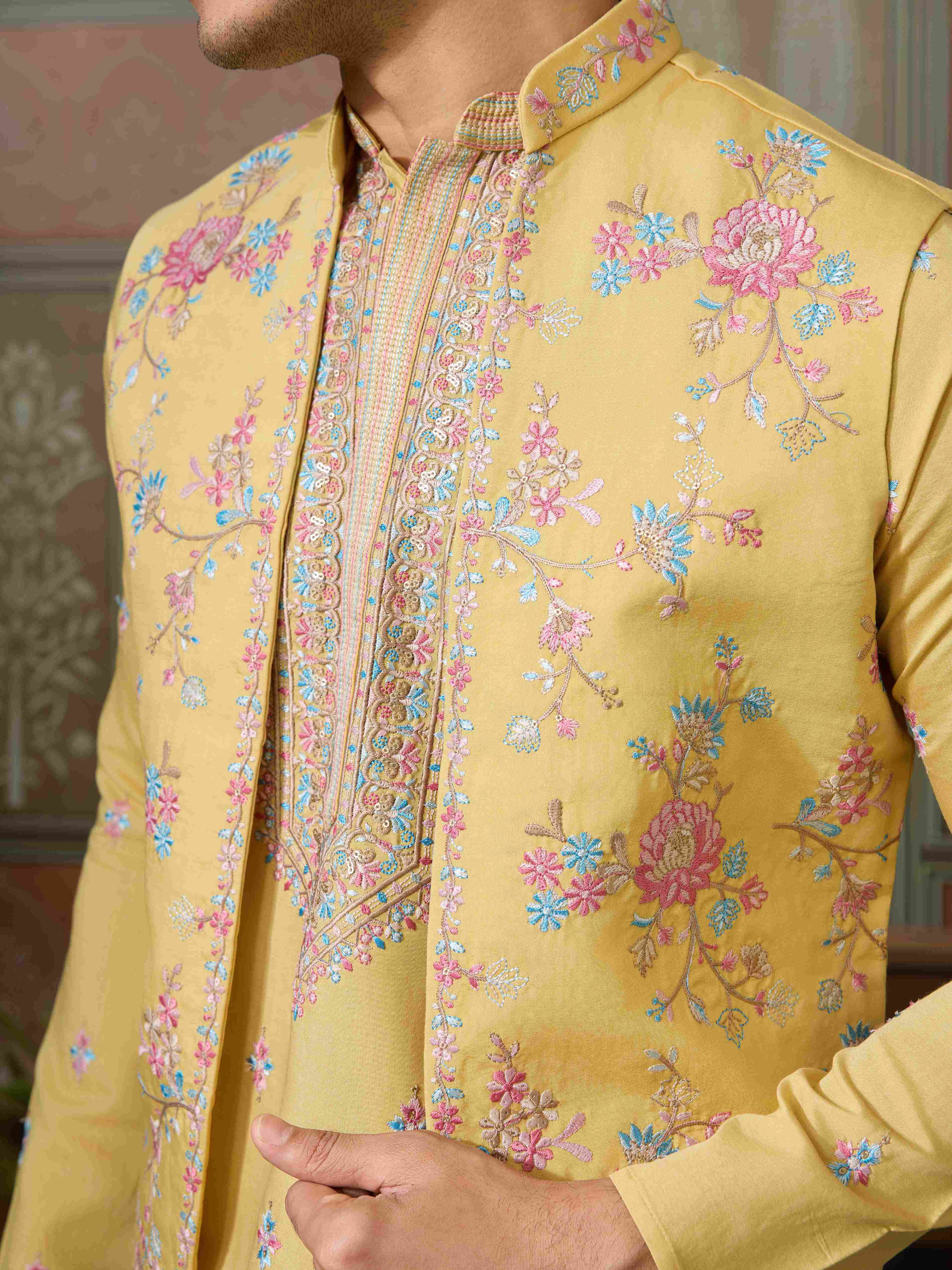 Trending Yellow Haldi Ceremony Koti Kurta for Men