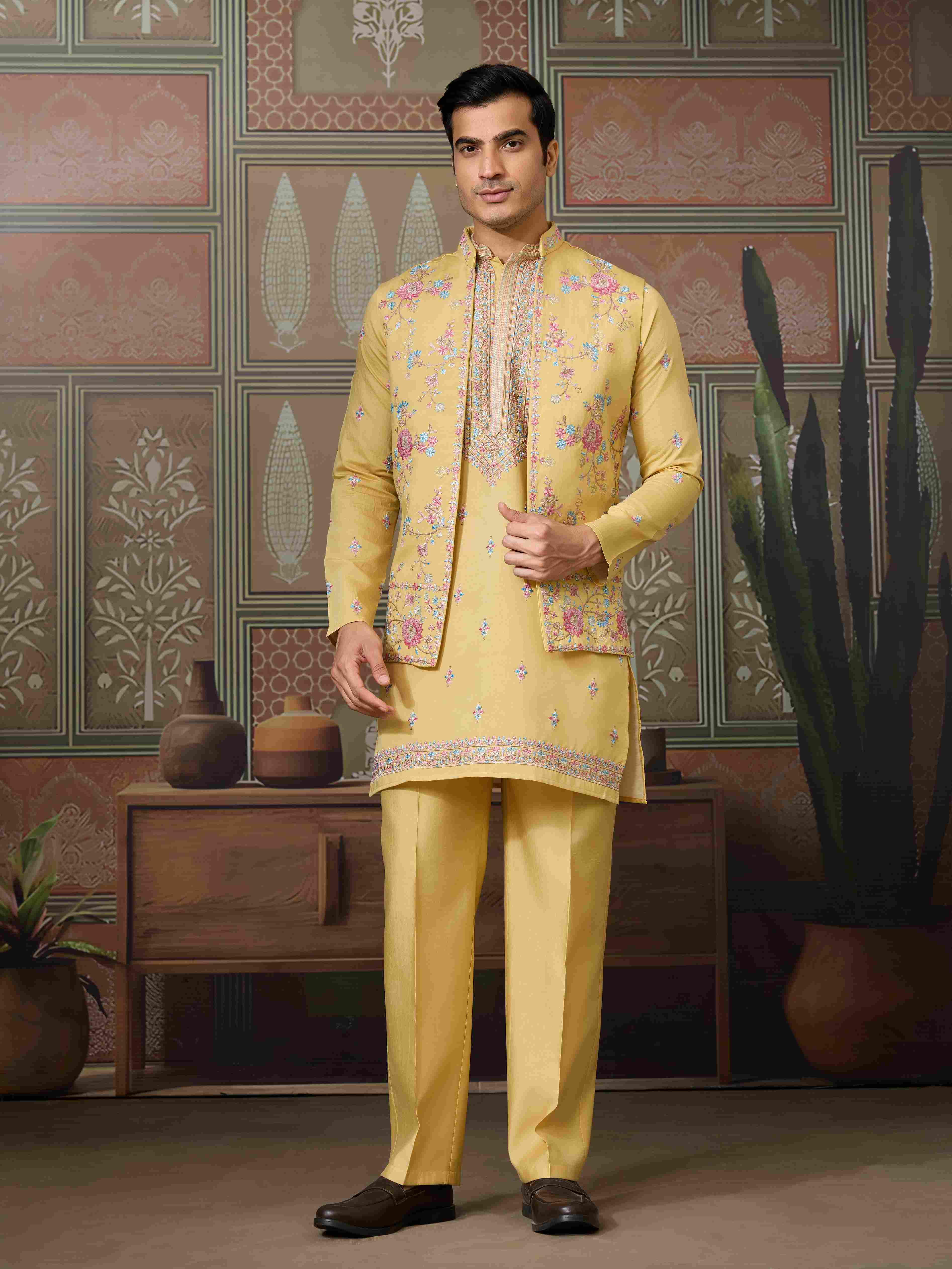 Trending Yellow Haldi Ceremony Koti Kurta for Men